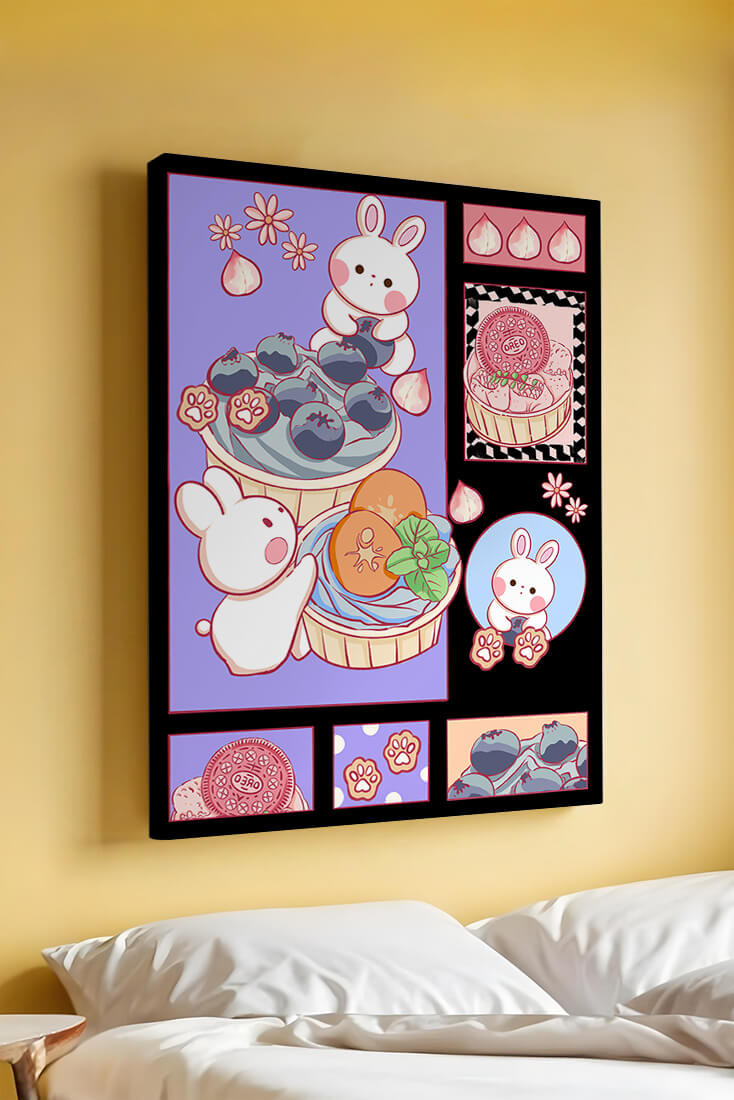 Conejos de dibujos animados encantadores con postres y arándanos