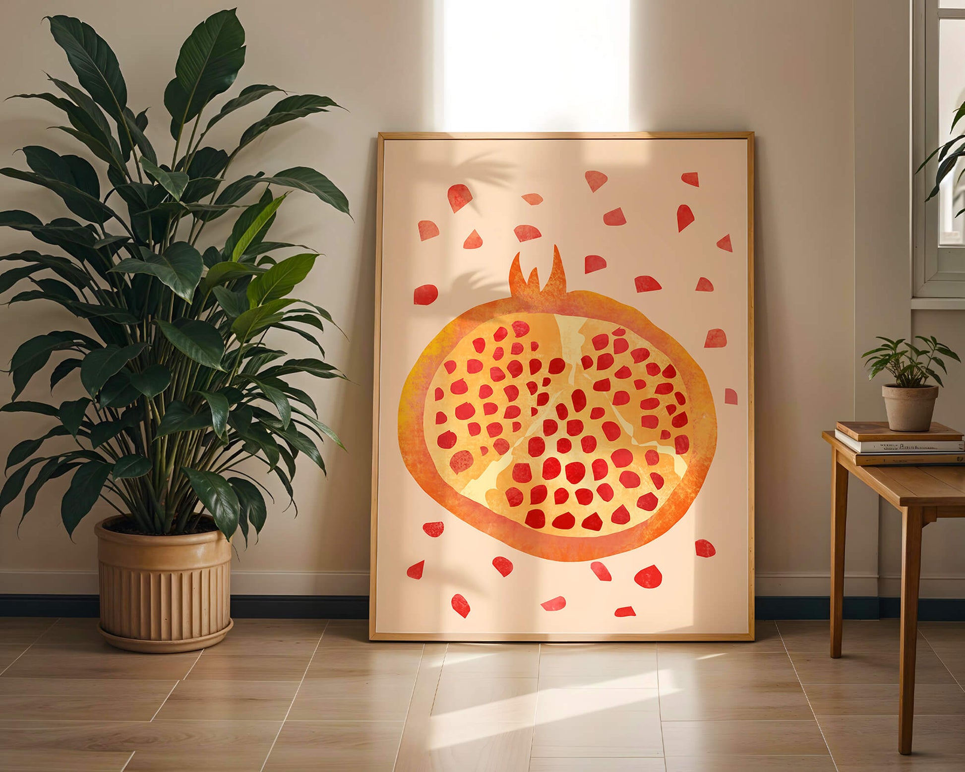 Colorful abstract pomegranate illustration with scattered seeds