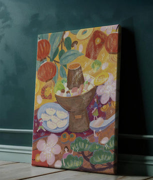 Ilustración del festival de comida asiática colorida con linternas y flores
