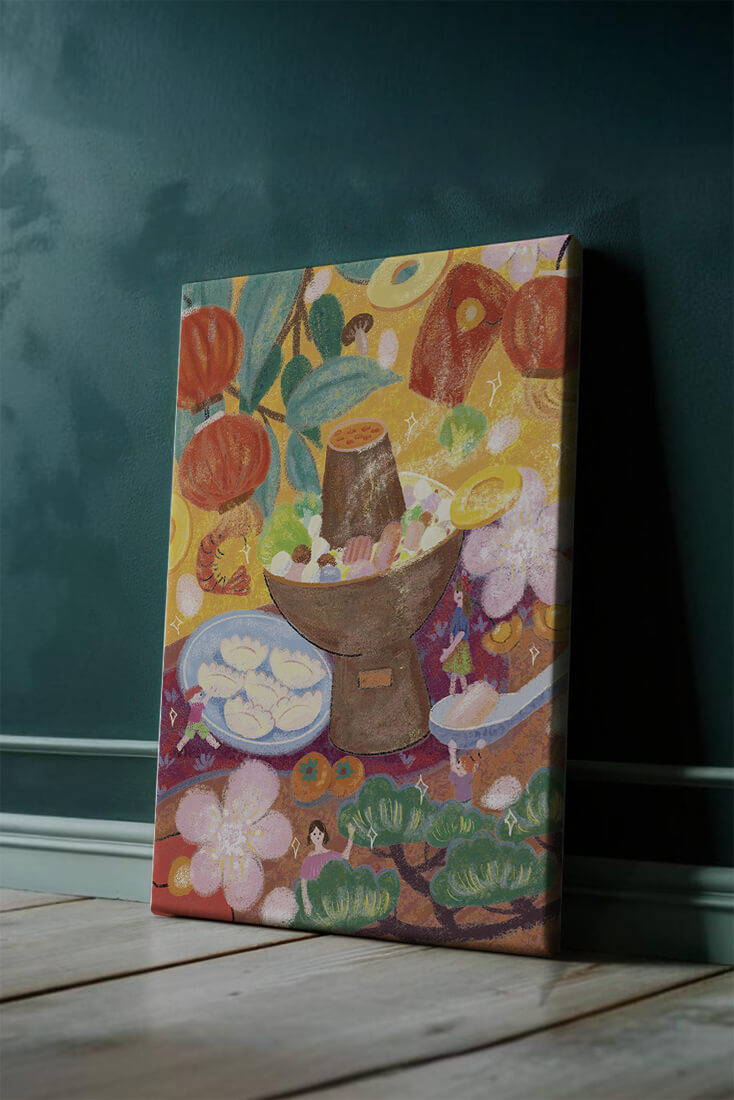 Ilustración del festival de comida asiática colorida con linternas y flores