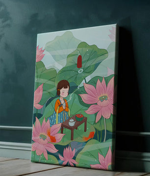 Serene illustration of a girl enjoying tea among lotus flowers
