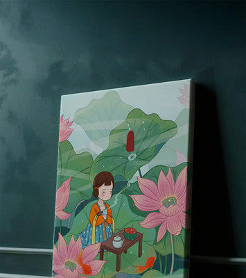 Serene illustration of a girl enjoying tea among lotus flowers