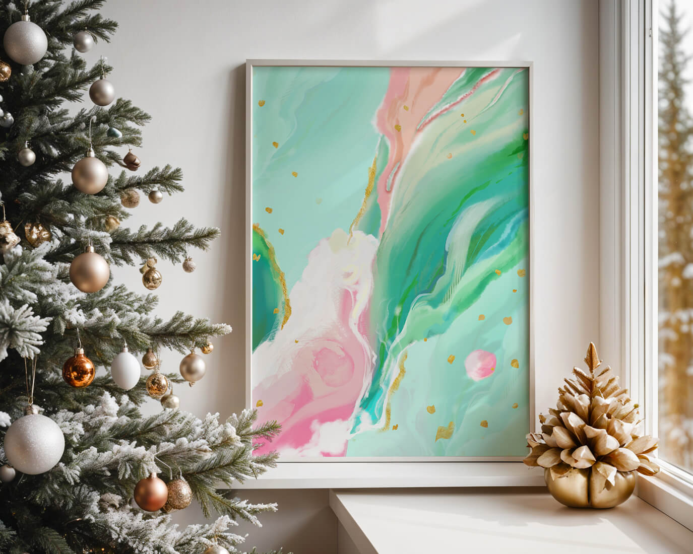 Obra de arte abstracta en pasteles y dorado con patrones fluidos
