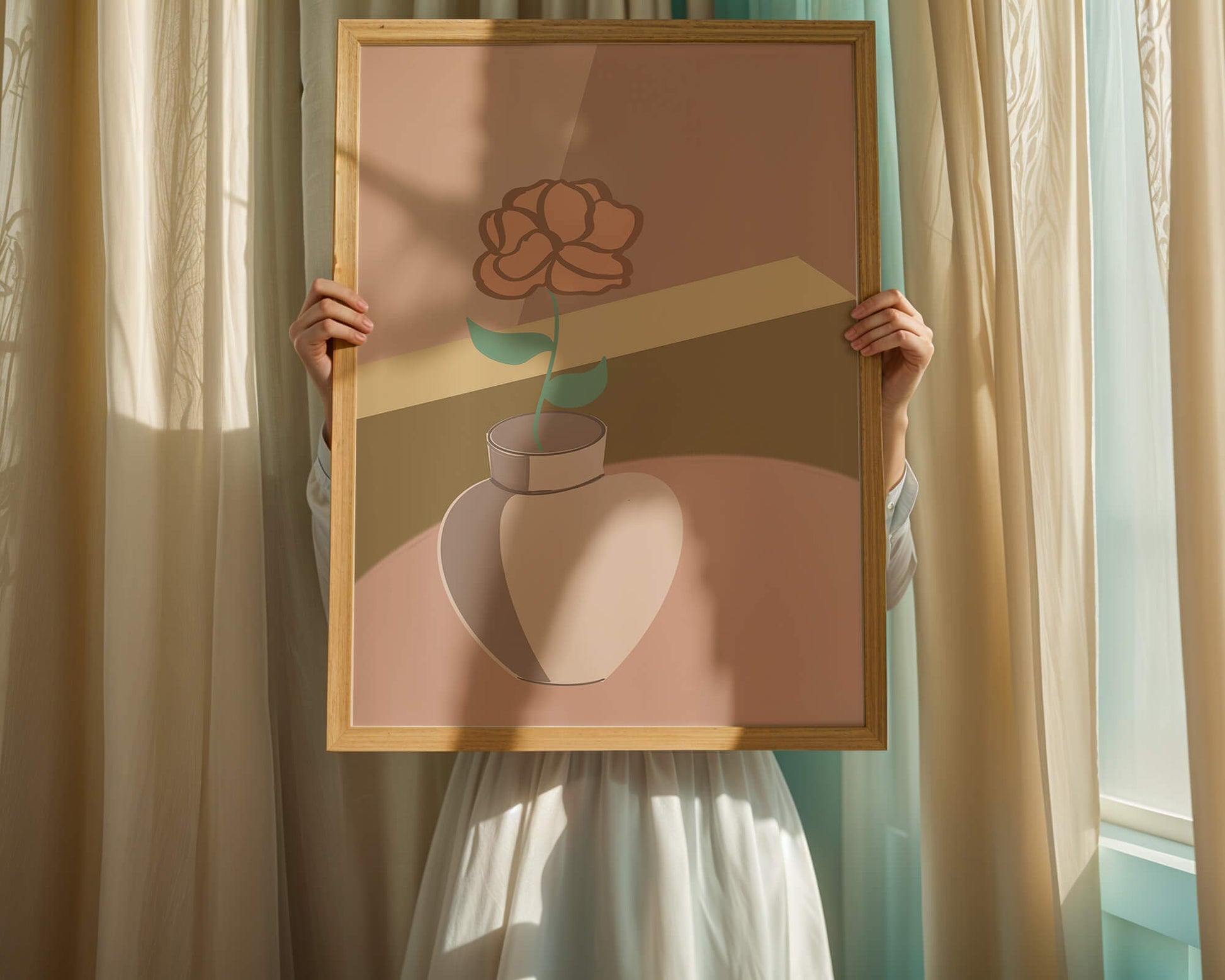 Ilustración abstracta de un jarrón con una flor en colores pastel