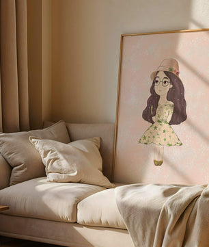 Ilustración encantadora de una niña con vestido y sombrero floral