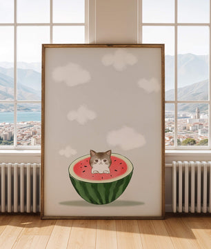Whimsical art of a kitten in watermelon with clouds