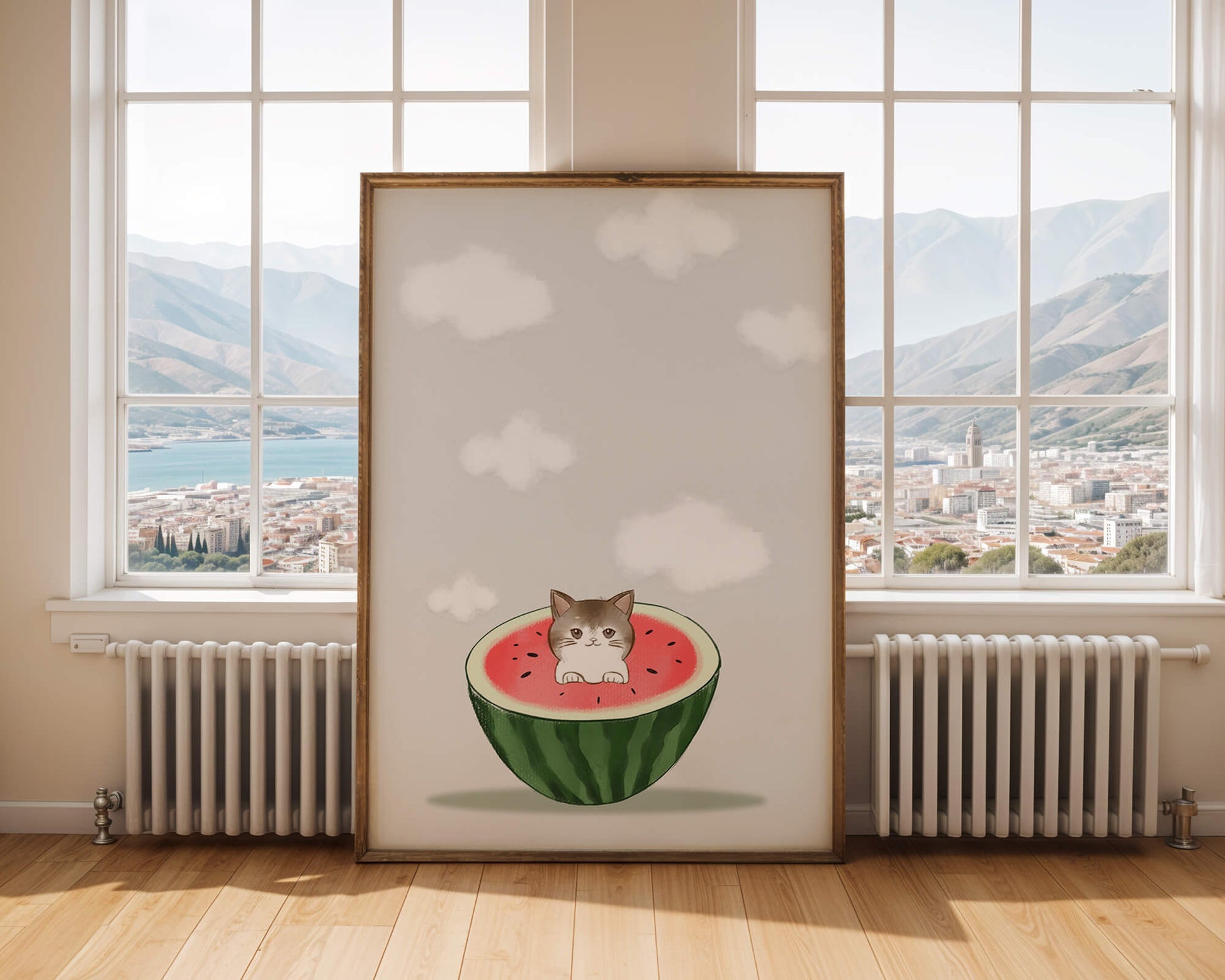 Whimsical art of a kitten in watermelon with clouds