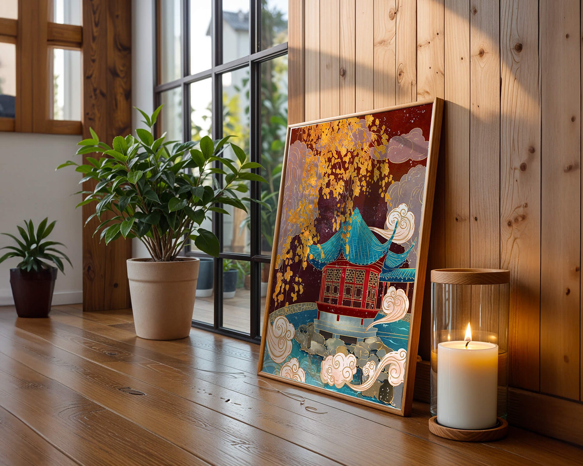 Pabellón chino tradicional con hojas doradas y nubes