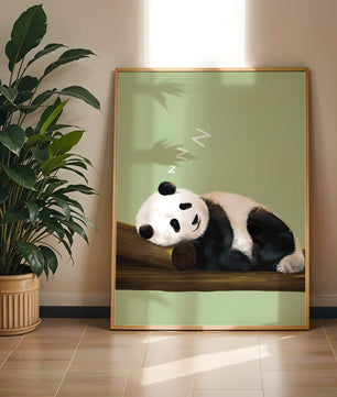 Peaceful panda resting on a log in a serene setting