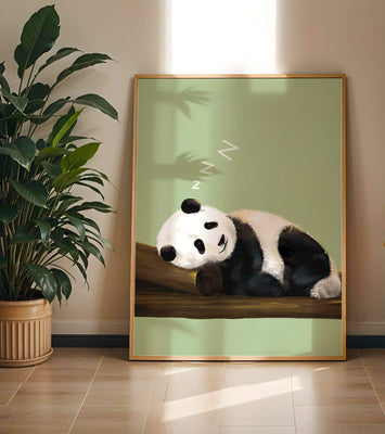 Peaceful panda resting on a log in a serene setting