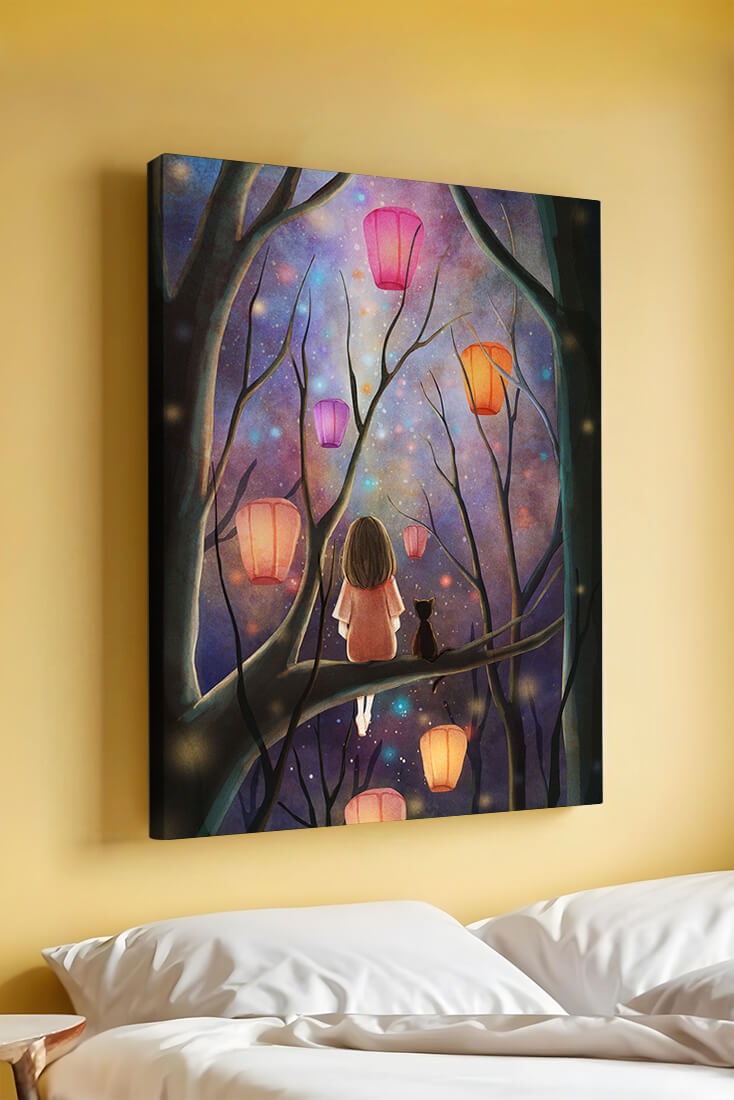 Scène nocturne enchanteresse avec des lanternes et une fille dans la forêt