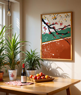 Artistic depiction of blossom branches with gold elements and abstract background