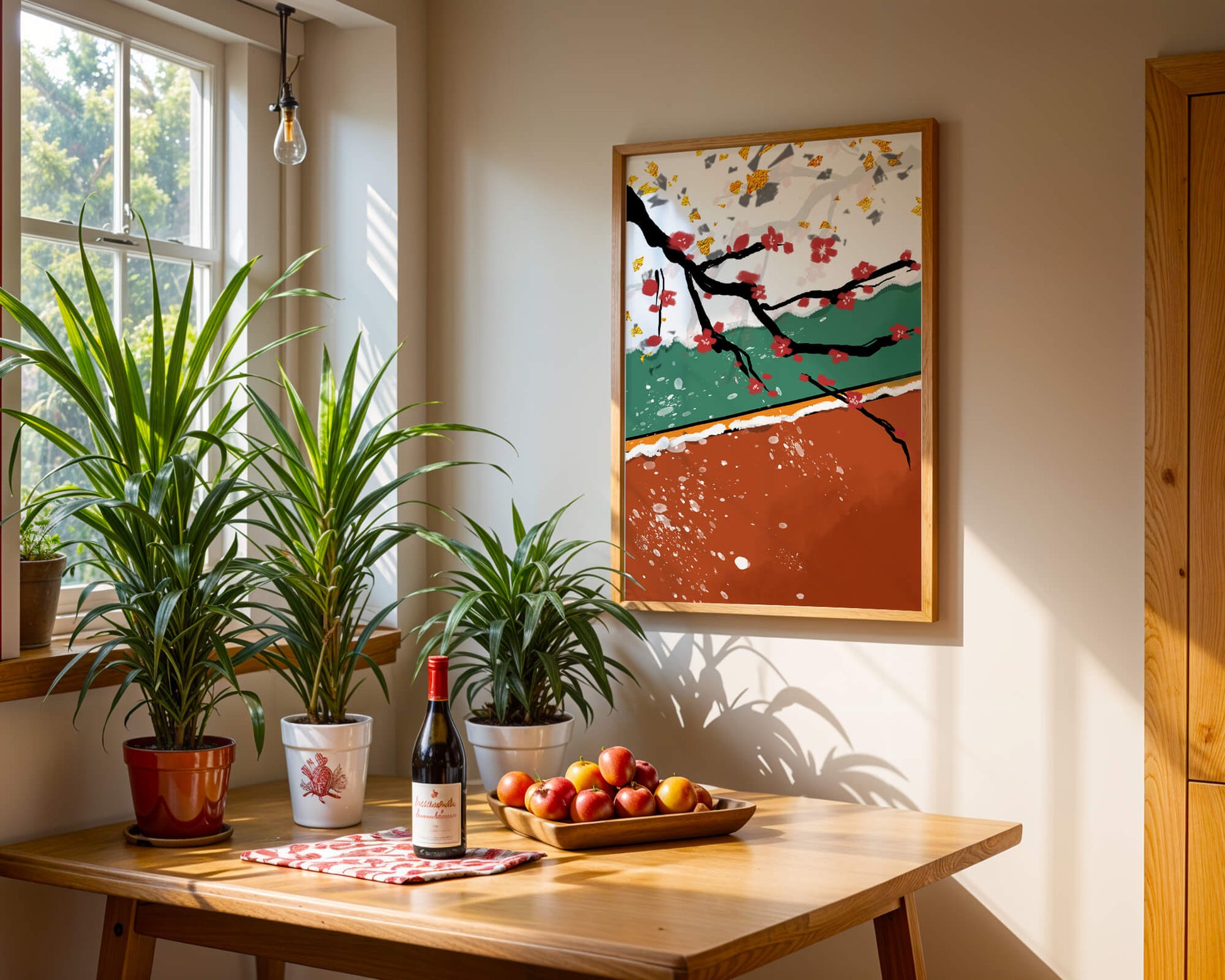 Artistic depiction of blossom branches with gold elements and abstract background