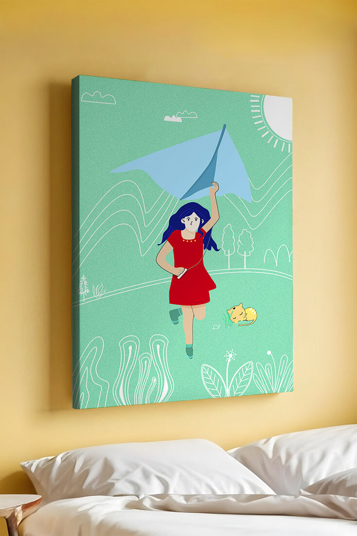 Illustration of a girl with a kite in a whimsical landscape