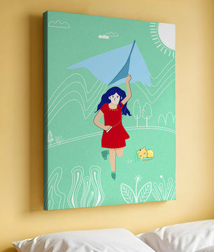 Illustration d'une fille avec un cerf-volant dans un paysage fantaisiste