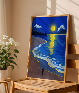 Plage au clair de lune avec montagnes et reflets sous le ciel nocturne