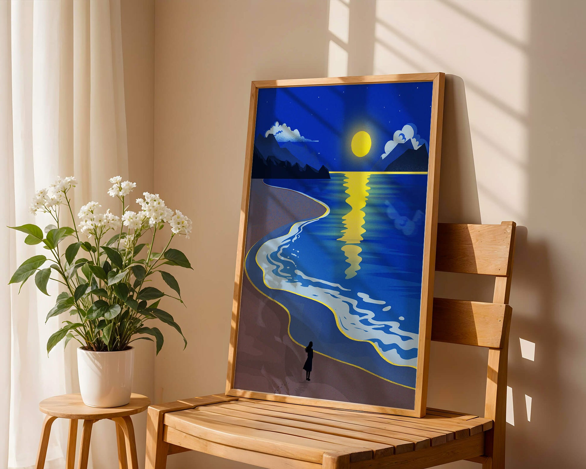 Moonlit Beach with Mountains and Reflections Under Night Sky