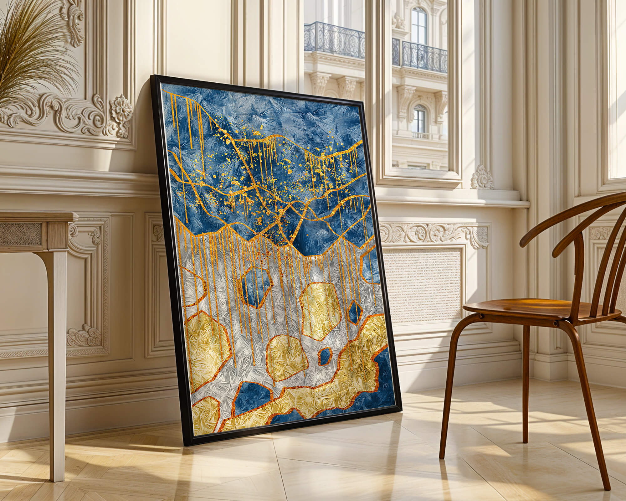 Abstract gold and blue textured art with dynamic splashes of color