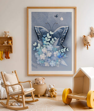 Floral and butterfly digital artwork in calming blue shades
