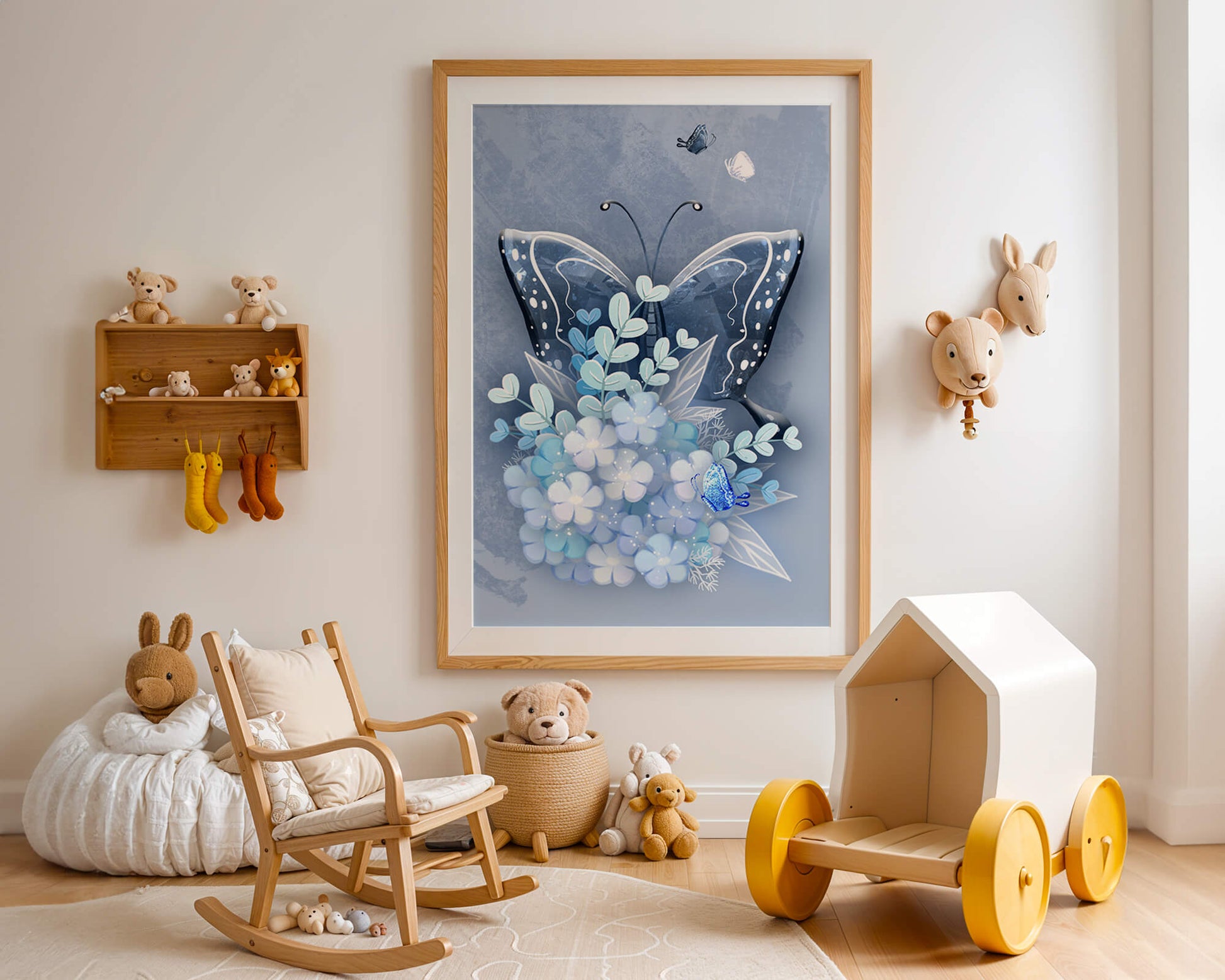Floral and butterfly digital artwork in calming blue shades