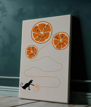 Ilustración juguetona de naranjas con un gato y ovillo de hilo