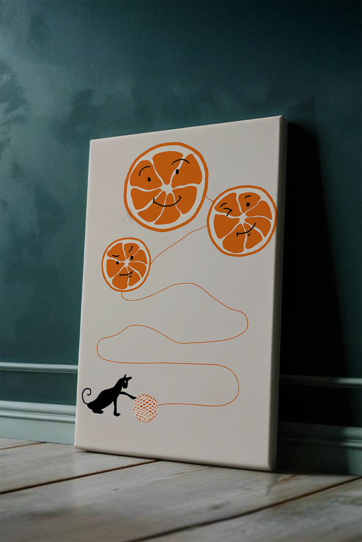Playful illustration of oranges with cat and yarn