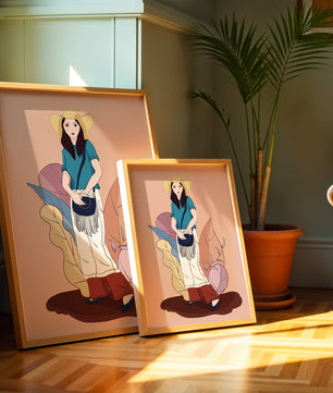 Stylish woman in summer attire with botanical background illustration