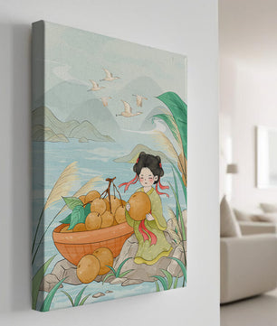 Paisaje sereno con una chica y una cesta de naranjas junto al agua