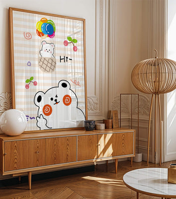 Adorable bears with colorful balloons and cherries on striped background