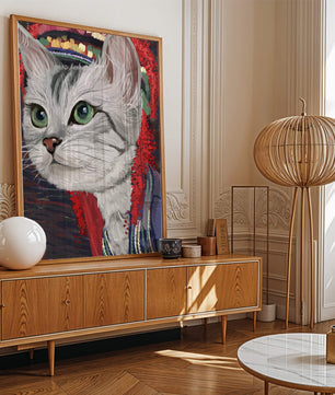 Illustrated cat portrait with colorful accents