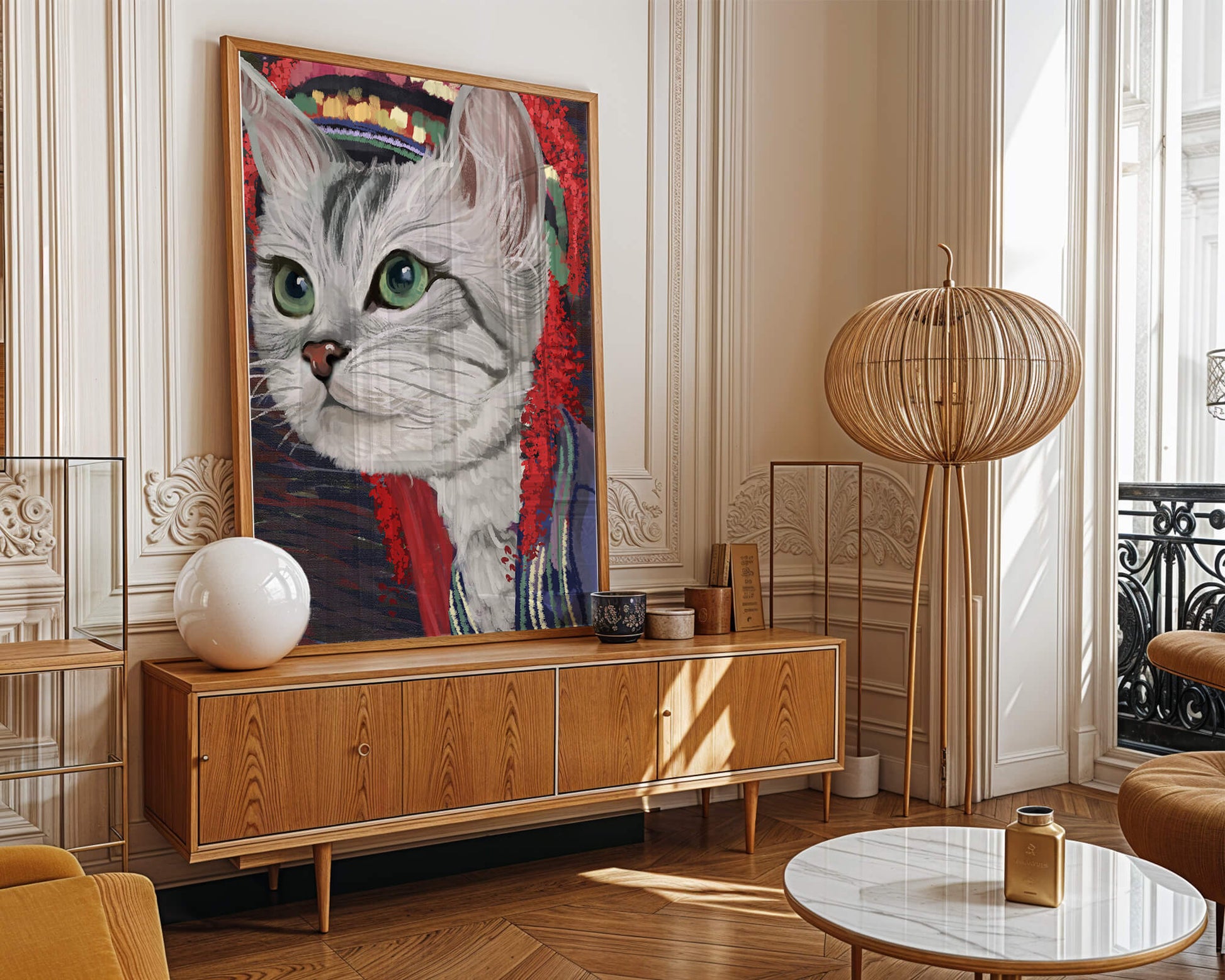 Illustrated cat portrait with colorful accents