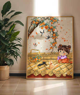 Charming illustration of a child with cats on a rooftop beneath a fruit tree