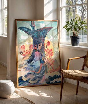 Art fantastique élégant : femme en tenue traditionnelle avec fond floral