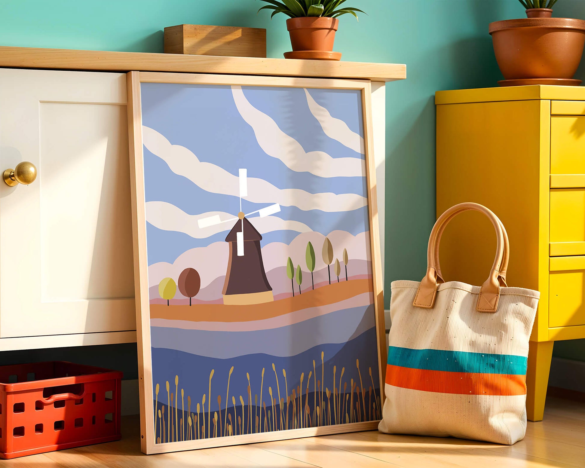 Colorful Landscape Featuring Windmill and Abstract Trees