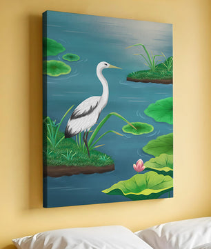 Serene wetland scene with white crane and water lilies