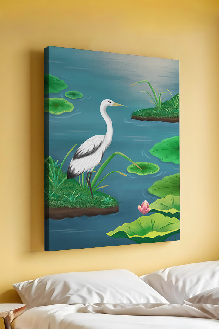 Serene wetland scene with white crane and water lilies