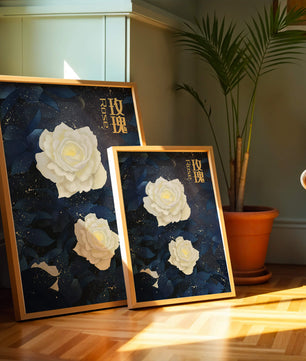 Elegant white roses on a celestial night background with deep blue leaves