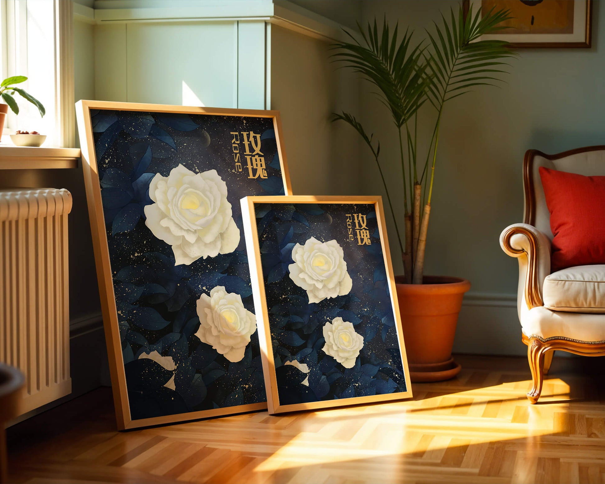 Elegant white roses on a celestial night background with deep blue leaves