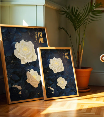 Elegant white roses on a celestial night background with deep blue leaves