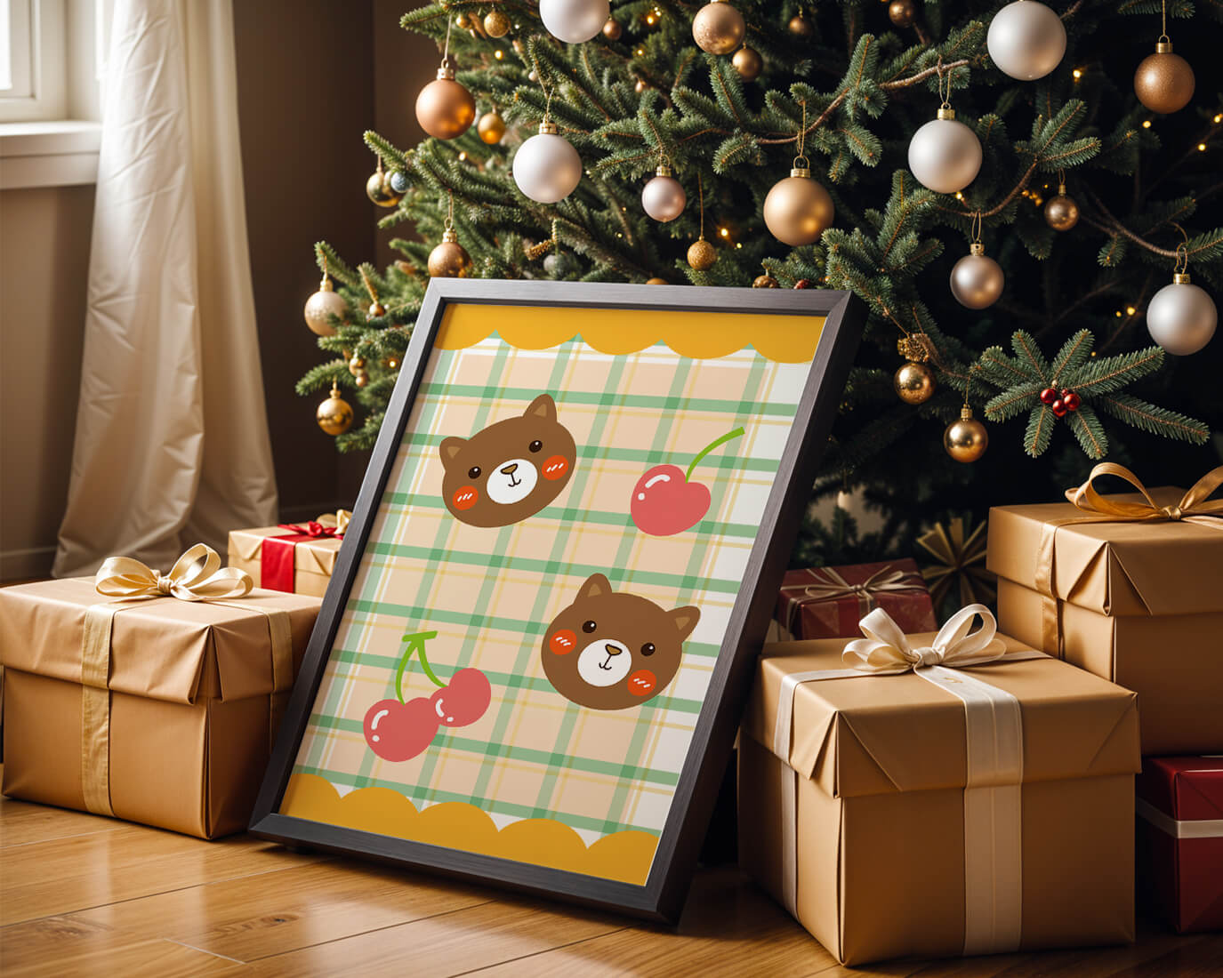 Playful bear and cherry pattern with plaid background