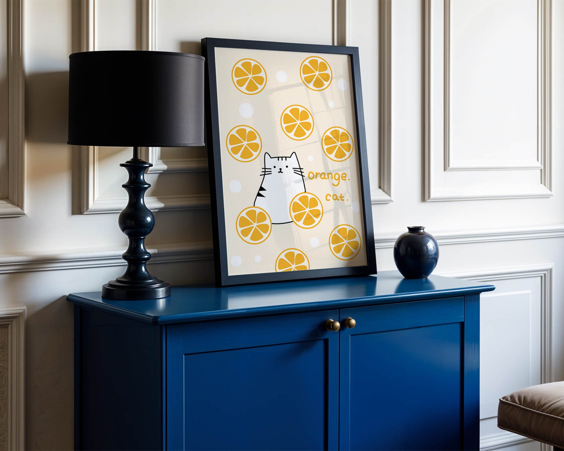 Playful illustration featuring a cat and orange slices