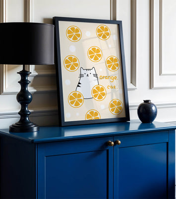 Playful illustration featuring a cat and orange slices