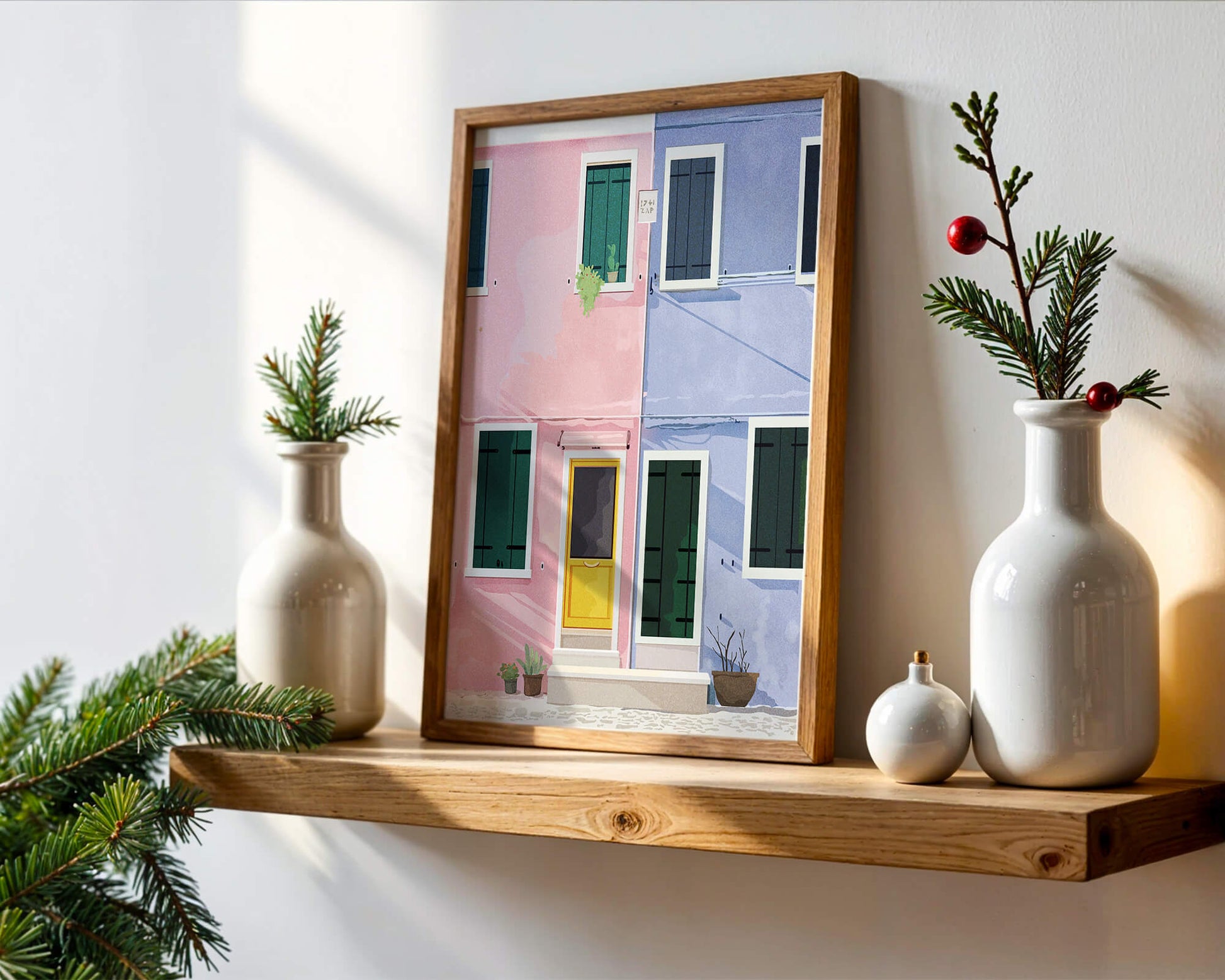 Charming pastel houses with colorful doors and windows