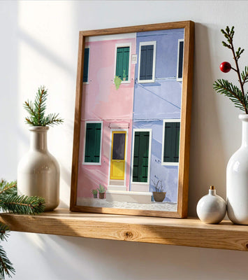 Charming pastel houses with colorful doors and windows