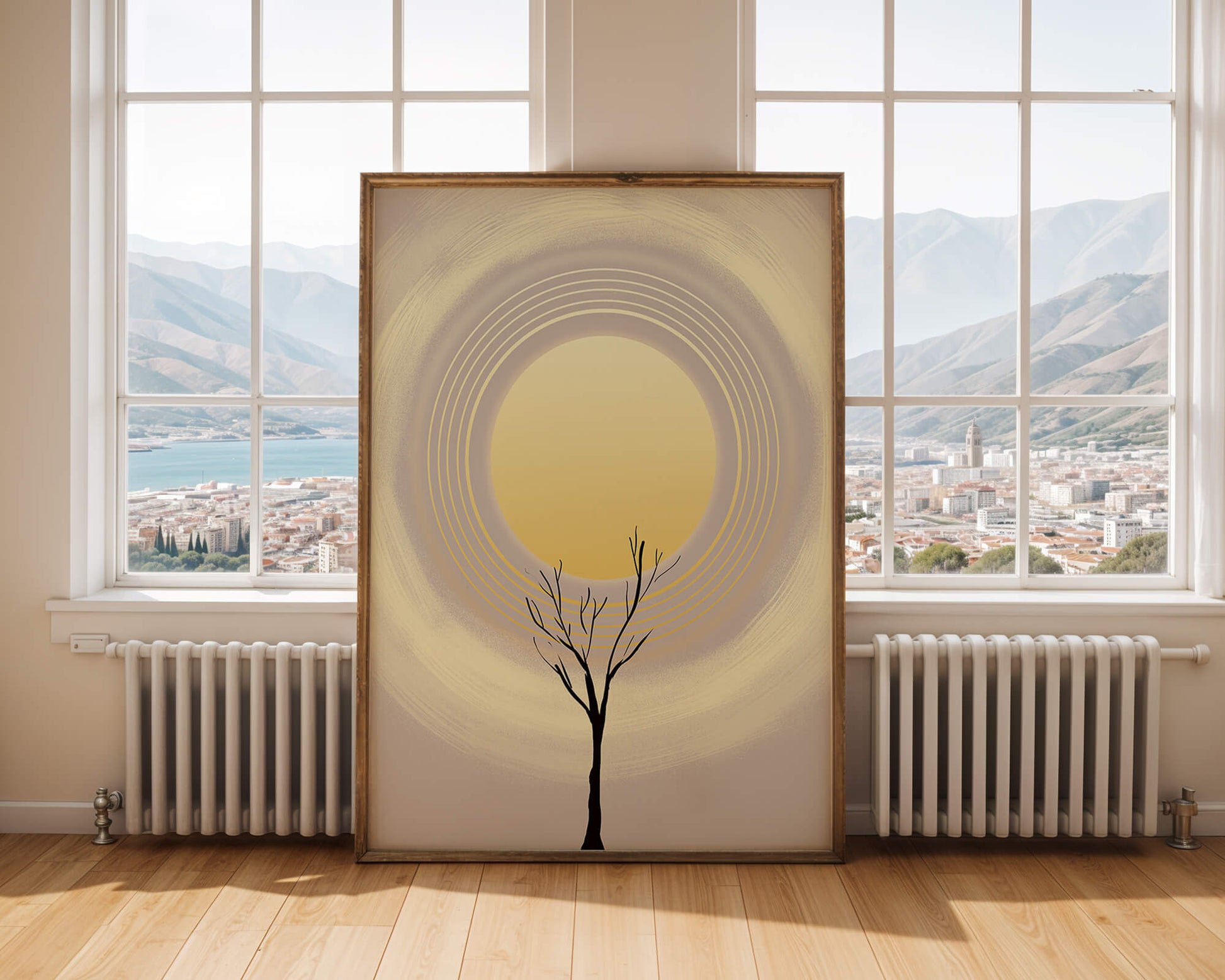 Silueta estilizada de un árbol con círculos concéntricos y un sol grande