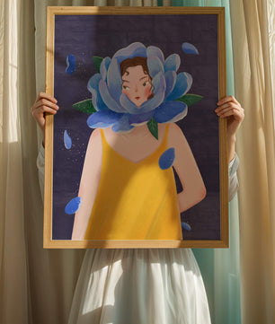 Illustration of woman with blue flower head and yellow dress