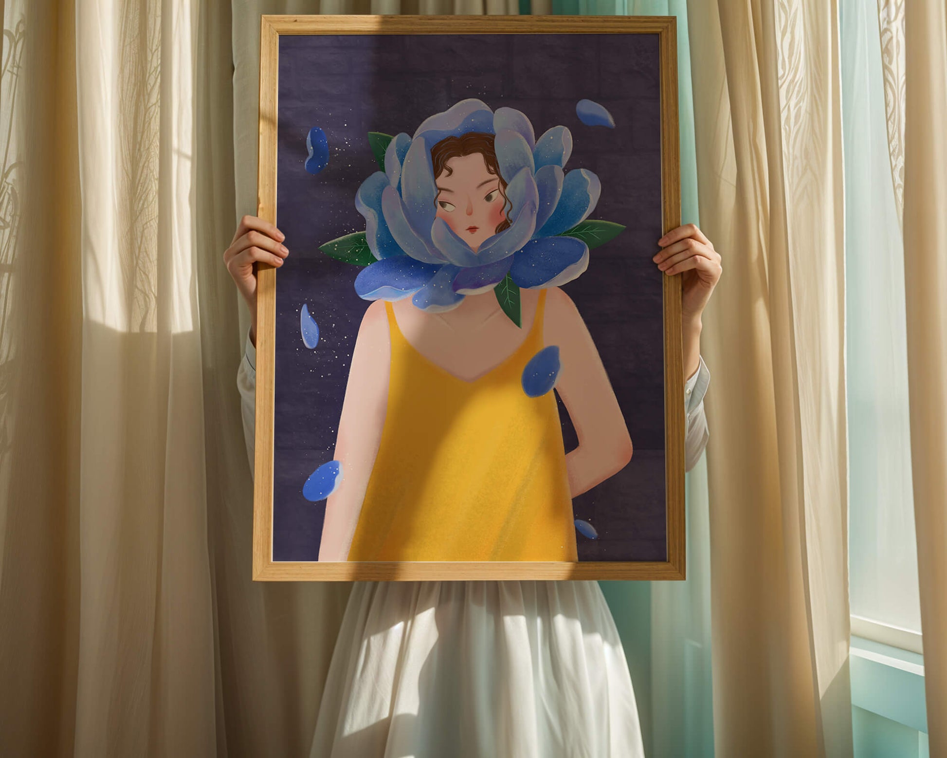 Illustration of woman with blue flower head and yellow dress