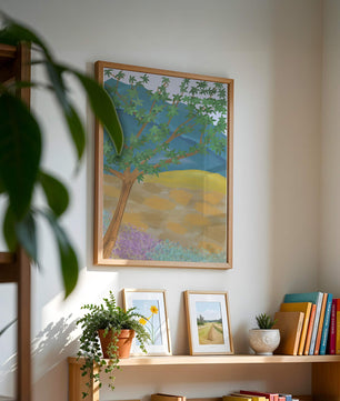 Paisaje pintoresco con árbol vibrante y fondo colorido