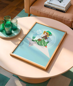 Mujer en un avión de papel con fondo de tema tropical