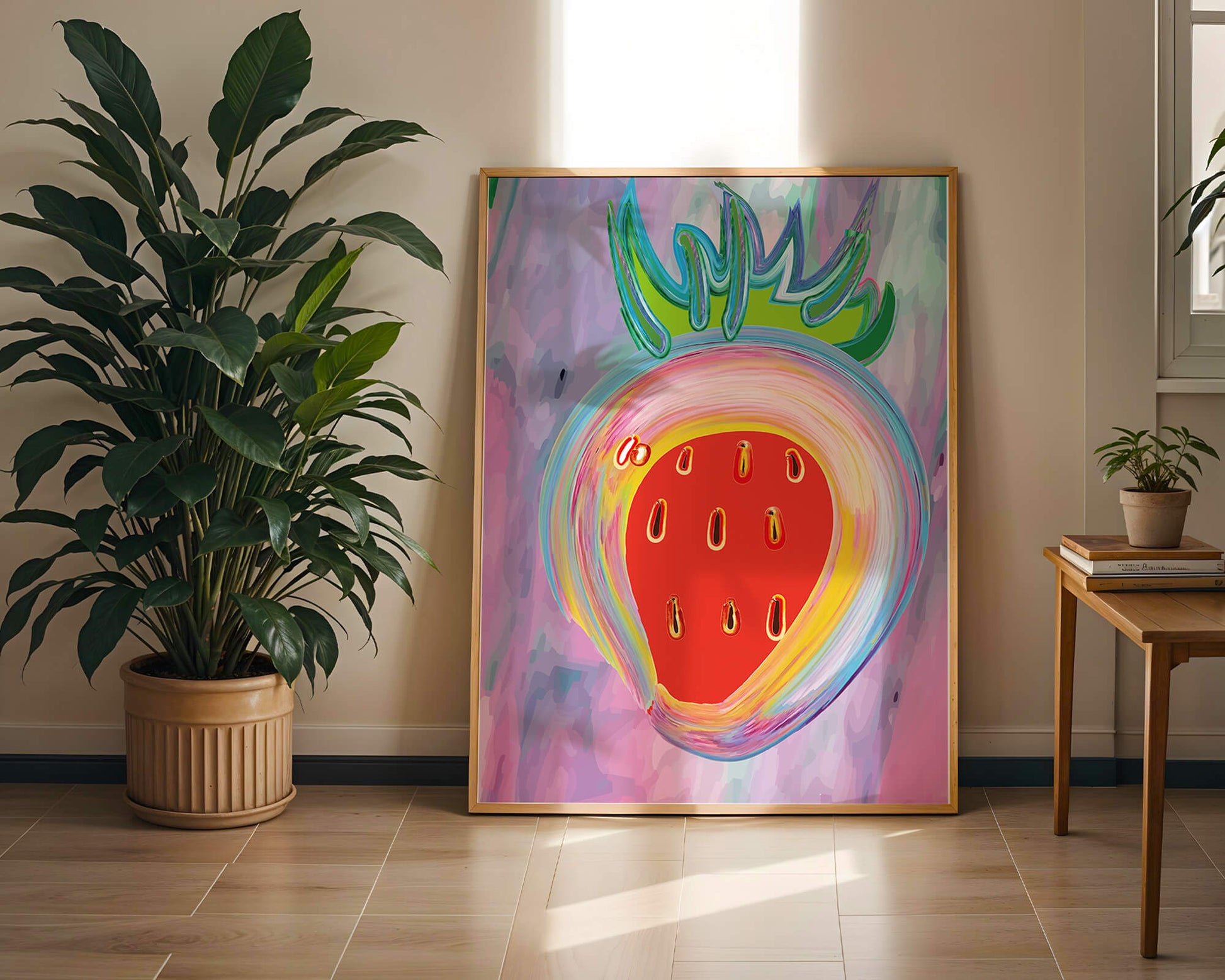 Colorful abstract strawberry with vibrant brush strokes